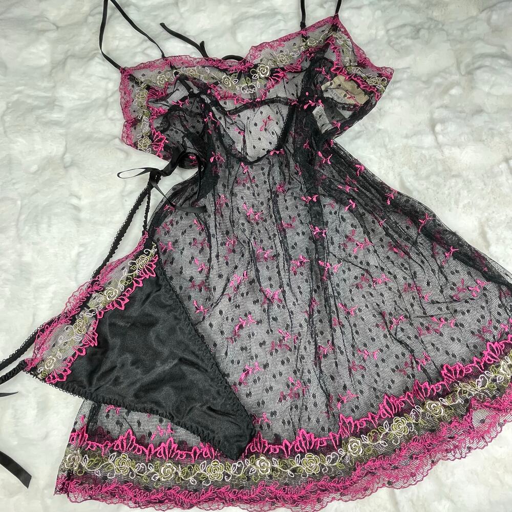🔥NWT Valerie Stevens Lace Embroidered Black Pink Lingerie Thong Set Coquette